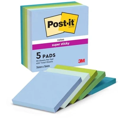 Abbildung von Post it Super Sticky Notes Oasis Collection, Packung mit 5 Blöcken, 90 Blatt pro Block, 76 mm x mm, Blau, Grün Extra stark klebende Notizzettel für Notizen, To Do Listen und Erinnerungen