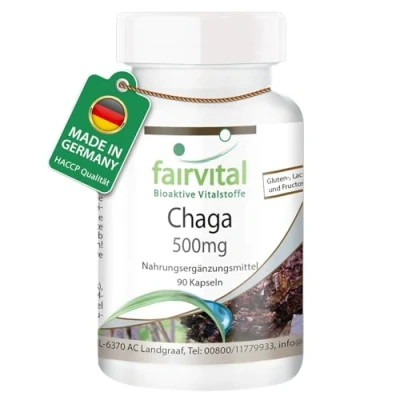Abbildung von Fairvital Chaga 500mg 90 Kapseln Pilzpulver pro Kapsel HOCHDOSIERT Inonotus obliquus VEGAN