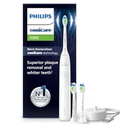 Abbildung von Philips Sonicare 5300 elektrische Zahnbürste, Schallzahnbürste mit 2 Intensitätsstufen, Andruckkontrolle, EasyStart, Smartimer und BrushPacer, Weiß, Modell HX7108/04 [Neue Technologie]