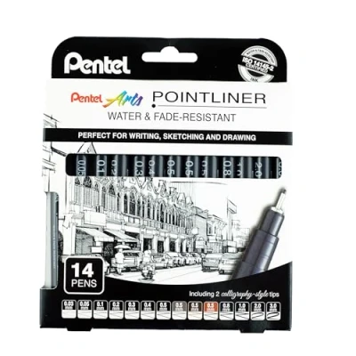 Abbildung von Pentel Pointliner YS20P 14 Set Fineliner inkl 2 Kalligraphiespitzen, wasserfest und lichtecht, 0,03 mm bis 3,0 mm, Stück