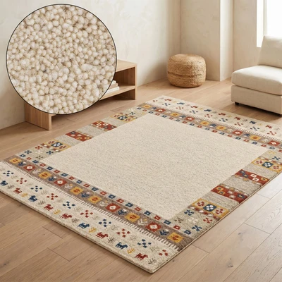 Abbildung von THEKO Wollteppich "Gabbeh Rahmen, reine Wolle, Handgefertigt, mit Bordüre" rechteckig 14 mm Höhe Tiermotiv, Wohnzimmer, Schlafzimmer, Esszimmer