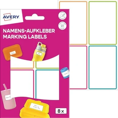 Abbildung von AVERY Zweckform NAME8C Namensaufkleber Kinder wasserfest 8 Stück (46x72mm, Folie, selbstklebende Namens Etiketten, beschriftbare Namensschilder, Spülmaschinenfest, für Schule, Kindergarten) bunt