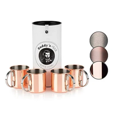 Abbildung von Buddy&#039;s Bar Moscow Mule Becher, 450 ml, hochwertiger Edelstahl lebensmittelecht, Cocktail Tasse inklusive Geschenkbox, Kupfer Poliert, 4er Set