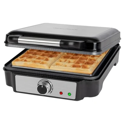 Abbildung von ProfiCook® Waffeleisen für belgische Waffeln mit 4 Backflächen Waffel antihaftbeschichtet Backfläche stufenlos wählbarer Bräunungsgrad Edelstahl 1200 Watt PC WA 1241