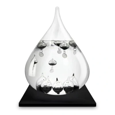 Abbildung von MikaMax Galileo Thermometer XXL Tropfenform mit Holzständer, 27 cm Dekoratives Wetterinstrument, 9 Kugeln zur Temperaturanzeige in Celsius Schwarz