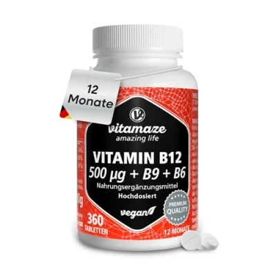 Abbildung von Vitamin B12 500 mcg hochdosiert, 360 Tabletten für 1 Jahr mit 375 B9 Folsäure + B6, Natürliche Nahrungsergänzung ohne Zusatzstoffe, Made in Germany