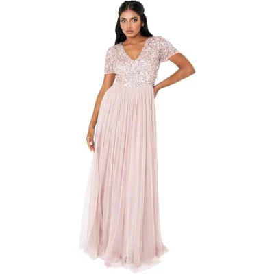 Abbildung von Maya Deluxe Abendkleid mit Pailletten Cocktailkleid Damen V Ausschnitt Tüllkleid Rosa Größe 40
