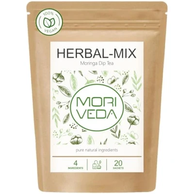 Abbildung von MoriVeda Moringa Oleifera Tee Herbal Kräutermischung, 20 Teebeutel, aus getrockneten Blättern mit Ingwer, Lakritze und Kardamom, vegan, Beutel