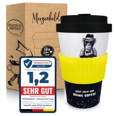 Abbildung von Morgenheld Kaffeebecher to go, Porzellan Coffee go Becher mit Deckel 380ml, Monkey Citron