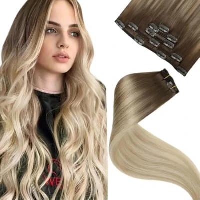 Abbildung von LaaVoo Extensions Echthaar Clip in Ombre 40cm Balayage Haarverlängerung Hellbraun bis Dunkel Aschblond mit Platinblond Remy Glatt 70g/5PCS