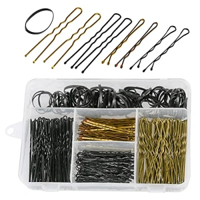 Abbildung von Haarklammern und Haarbänder, Set mit 100 Haarbändern 200 U förmige Haarnadeln Aufbewahrungsbox, für Mädchen/Damen, Gold/Schwarz, 300 Stück
