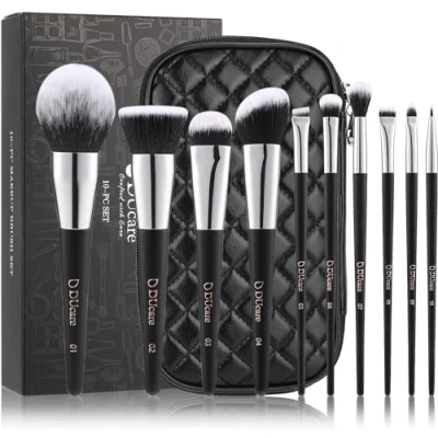 Abbildung von DUcare Make up pinsel set 10 Stücke professionelle Schminkpinsel mit Kosmetiktasche Premium Synthetic Foundation Puder Contour Augenpinsel Tasche Reisefreundlich 10pcs Schwarz