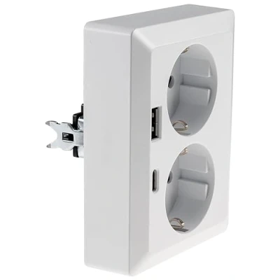 Abbildung von MILOS Schutzkontakt Steckdose 2 fach Doppel 1 auf Unterputz Einbau in einer UP Dose 250V /16A mit USB A C PD Weiß