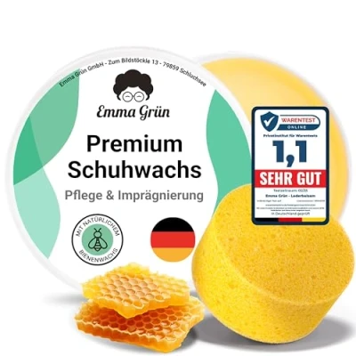 Abbildung von Emma Grün® Schuhwachs Farblos Lederpflege &amp; Schuhpflege 100ml [MIT BIENENWACHS] Lederbalsam Lederfett inkl. Schwamm Lederschuhe Pflege natürlich Made in Germany