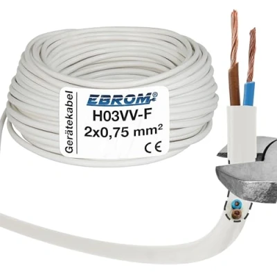 Abbildung von EBROM Kunststoff Schlauchleitung RUND, LED Kabel, Stromkabel, Leitung, Gerätekabel H03VV F 2x0,75 mm² Farbe: weiß, viele Längen in 5 m Schritten bis 250 Meter mm2, Ihre Kabellänge: 50