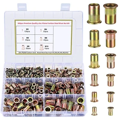 Abbildung von 300 Stk Nietmuttern Set, Blindnietmuttern, Flachkopf Gewindehülsen Einschraubmutter Sortiment, Kohlenstoffstahl Farbzink Einnietmuttern M3/M4/M5/M6/M8/M10