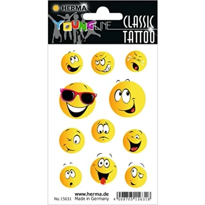 Abbildung von HERMA 15631 Temporäre Tattoos Smiley, 11 Stück, Klebetattoos zum Aufkleben, Fake Aufkleber mit Emoji Gesicht Motiv, Kindertattoos Sticker für Geburtstag Fasching Karneval Kinder Erwachsene