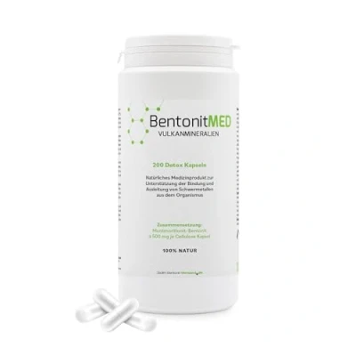Abbildung von Bentonit MED Detox Kapseln 200, Montmorillonit, Medizinprodukt, Apothekenqualität, Darmreinigung, Entgiftung von Schwermetallen, Entgiftungskur, Vulkanmineralien, Heilerde