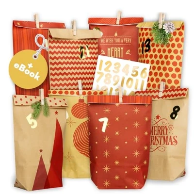 Abbildung von AMARI ® Adventskalender zum Befüllen Nr. 18 Red Mix 24 Papier Adventstüten (mit Holzklammern) Basteln für Weihnachten Weihnachtstüten