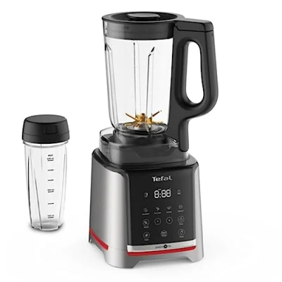 Abbildung von Tefal InfinyMix Hochgeschwindigkeits Standmixer, 5 Auto Programme + manuelle Einstellung, 2,6 l Tritan Behälter, inkl. 600ml Reisebecher/Stampfer/Rezeptheft, Silber, BL91HD31