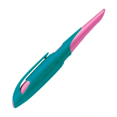 Abbildung von Ergonomischer SchulFüller für Rechtshänder mit Anfänger Feder A STABILO EASYbirdy in türkis/neonpink inkl. Patrone blau (löschbar)