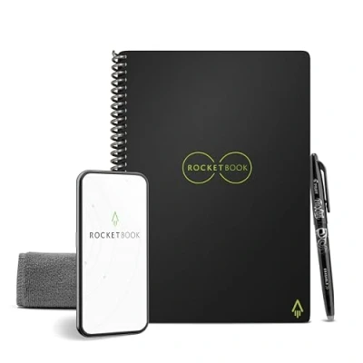 Abbildung von Rocketbook Core Wiederverwendbares Digitales Notizbuch Executive A5 Schwarz Elektronischer Notizblock mit Punktraster Wiederbeschreibbar inkl. Pilot Frixion Stift und Mikrofasertuch