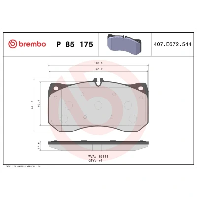 Abbildung von BREMBO P 85 175 Bremsbelagsatz für Verschleißwarnanzeiger vorbereitet ohne Zubehör AUDI: A6 C7 Avant, Saloon, A7 Sportback