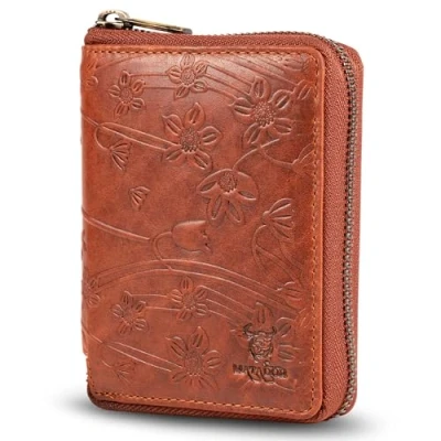 Abbildung von MATADOR® Geldbeutel Damen mit Reißverschluss Geldbörse Herren Echt Leder TüV geprüftem RFID Schutz &amp; NFC Blocker in Blumen Design BRAUN