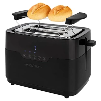 Abbildung von ProfiCook Toaster 2 Scheiben mit Brötchen Aufsatz und extra breitem Toast Schlitz, Auftaufunktion, 7 einstellbare Bräunungsstufen Edelstahl gleichmäßige schwarz matt, PC TA 1244