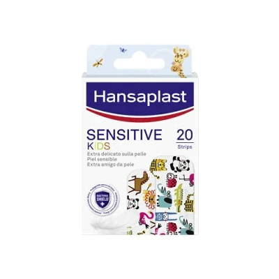 Abbildung von Hansaplast Sensitive Kids Pflaster für Kinder mit Tieren, empfindliche Haut, hypoallergen und leicht zu entfernen, 1 Packung 20 Stück in 2 Größen