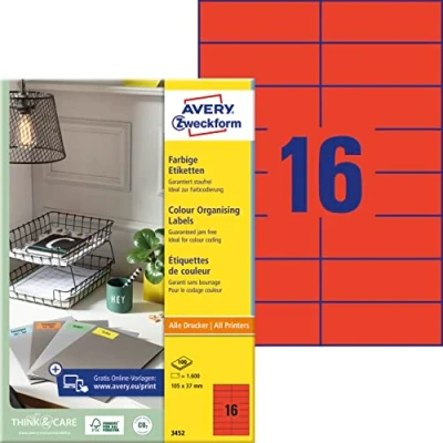 Abbildung von AVERY Zweckform 3452 Rote Etiketten (1.600 Aufkleber, 105x37mm auf A4, permanent haftend, selbstklebende Farbetiketten, Papier matt, bedruckbare, farbige Klebeetiketten) 100 Blatt
