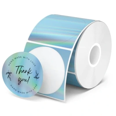 Abbildung von MUNBYN 2&quot; Blau Laser Thermo Etiketten 400 Stück runde Selbstklebend bedruckbare Aufkleber für Logo Preis Adresse Danke wasserfeste personalisierte