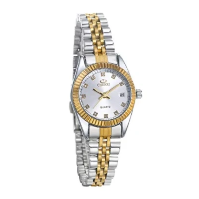 Abbildung von JewelryWe Paar Uhr Analog Quarz Kalender 30M Wasserdicht Partner Armbanduhr Edelstahl Armband Damen Uhren mit Silber Strass Zifferblatt
