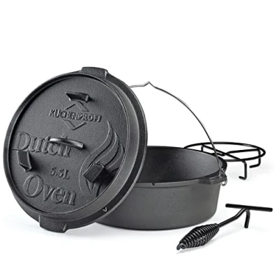 Abbildung von Küchenprofi BBQ Dutch Oven Gusseisen, 5,5L, Ø 30 cm, ohne Füße, fertig eingebrannter, gusseiserner Topf mit Deckelheber, für den Grill, Feuerstellen, alle Herdarten (inkl. Induktion) und Backofen