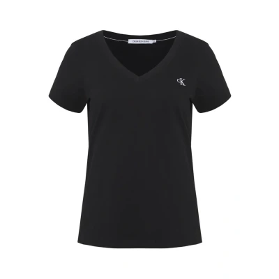 Abbildung von Calvin Klein Jeans Damen T Shirt Kurzarm Ck Embroidery V Ausschnitt, Schwarz (Ck Black), S