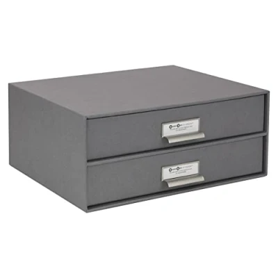 Abbildung von Bigso Box of Sweden BIRGER Schubladenbox für Dokumente und Bürobedarf Schreibtisch Organizer mit 2 Schubladen Ablagesystem aus Faserplatte Papier grau