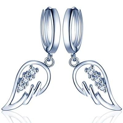 Abbildung von Yumilok Engelsflügel 925 Sterling Silber Zirkonia Ohrhänger Creolen Ohrringe Hypoallergen Ohrschmuck für Damen Frauen Mädchen