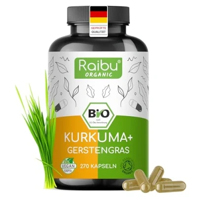 Abbildung von Raibu Kurkuma Gerstengras Kapseln Bio (270 x 700 mg) In Deutschland produziert Curcuma im Verhältnis 2:1 hochdosiert Vegan &amp; ohne Zusätze