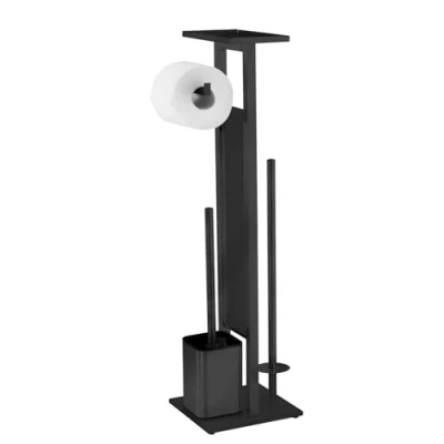 Abbildung von WENKO Stand WC Garnitur Mod. Debar mit Ablage, aus mattiertem Edelstahl, Bodenplatte schwarzem Sicherheitsglas, 21 x 70,5 18 cm