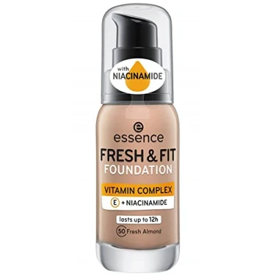 Abbildung von essence fresh &amp; FIT FOUNDATION, Make Up, Nr. 50 almond, nude, pflegend, glättend, mit Vitaminen, natürlich, vegan, ohne Parabene, Mikroplastik Partikel frei (30ml)