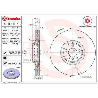 Abbildung von BREMBO 09.D900.13 Bremsscheibe 395 36 5 innenbelüftet, Verbundbremsscheibe beschichtet hochgekohlt mit Schrauben BMW: X5, X6