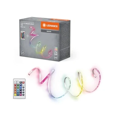 Abbildung von LEDVANCE TV MOOD LED Streifen mit USB, 4 W, RGB Farbsteuerung, flexibel und biegsam, für den Innenbereich, selbstklebend, Fernbedienung enthalten, nicht austauschbar, einfache Installation