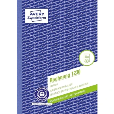 Abbildung von AVERY Zweckform 1230 Rechnung (A5, 100 Blatt, aus Recycling Papier, mit 1 Blatt Blaupapier, Netto und Bruttobetrag, MwSt. uvm., zur Erfassung aller rechtlich erforderlichen Angaben) weiß