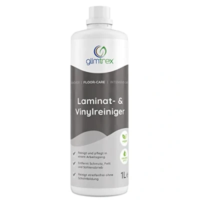 Abbildung von glimtrex Laminatreiniger und Vinylboden Reiniger (1,0l) reinigt pflegt mit 2 in 1 Funktion der Profis auch anwendbar als PVC Reiniger, PU Linoleum