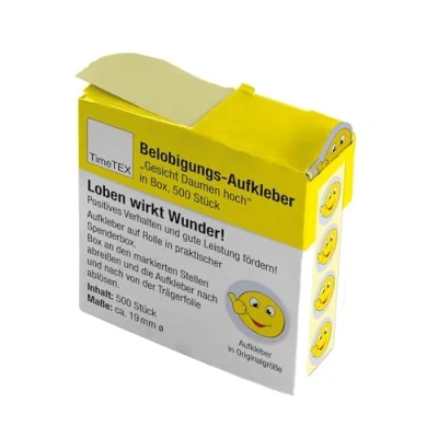 Abbildung von TimeTEX Belobigungs Aufkleber &quot;Gesicht Daumen hoch&quot; Lehrersticker für motivierendes Feedback 500 Sticker in praktischer Spender Box 1 Motiv 19 mm ø