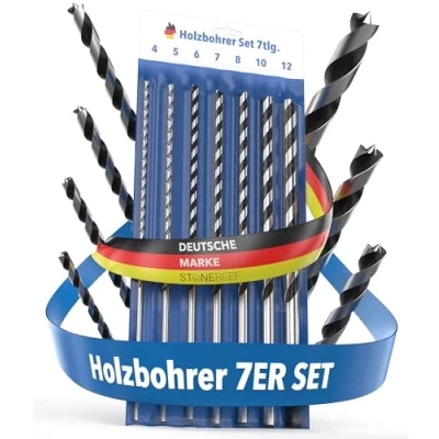Abbildung von STONE REEF Holzbohrer Set lang Profi [7 teilig inkl. Tasche] Schlangenbohrer Ø 4mm, 5mm, 6mm, 7mm, 8mm, 10mm, 12mm x 230mm, lange Schalungsbohrer, Balkenbohrer, langer Holzspiralbohrer, Langbohrer