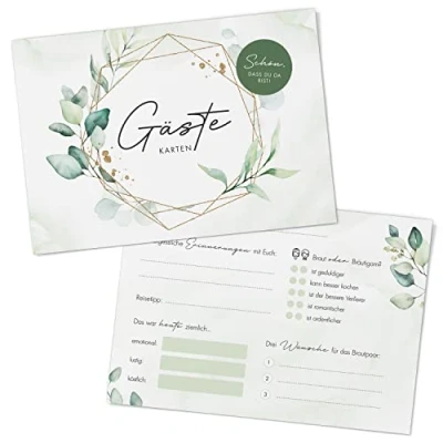 Abbildung von DeinWeddingshop Gästebuchkarten zum Ausfüllen, 50x Gästekarten zur Hochzeit, Gästebuch Alternative, Hochzeitsspiel mit Fragen Ausfüllen DIN A6, Greenery Eucalyptus