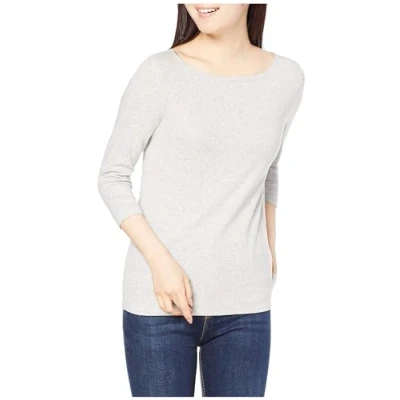 Abbildung von Amazon Essentials Damen Einfarbiges T Shirt mit U Boot Ausschnitt und 3/4 Ärmeln in schmaler Passform, Hellgrau Meliert, XS