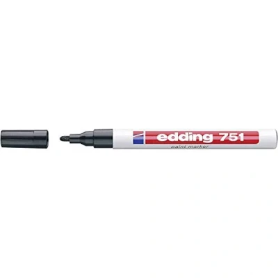 Abbildung von edding 751 Glanzlackmarker schwarz Packung mit 1 Lackmarker Rundspitze 2 mm Lackstift für Glas, Stein, Holz, Kunststoff und Papier wasserfest, stark deckend