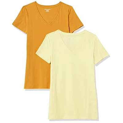 Abbildung von Amazon Essentials Damen Kurzärmeliges T Shirt mit V Ausschnitt, Klassischer Schnitt, 2er Pack, Goldgelb/Hellgelb, XL